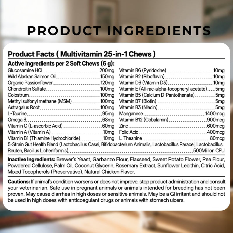 25-in-1 Dog Multivitamin Chewable with Probiotics,Dog Vitamins and Supplements Hip & Joints,Pets Immune Support,Skin,Coat,Heart,Gut Health Omega 3,Glucosamine for All Puppy,Adult & Senior Dogs