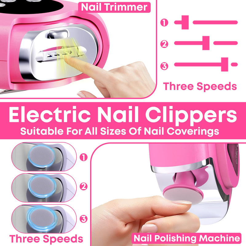 Automatic Nail Clippers for Seniors, 3-in-1 Electric Nail Clipper & Trimmer with LED Light Rechargeable Battery Fingernail Clipper for Adults Fingernail Grinder Electric Polishing for Women & Men Pink