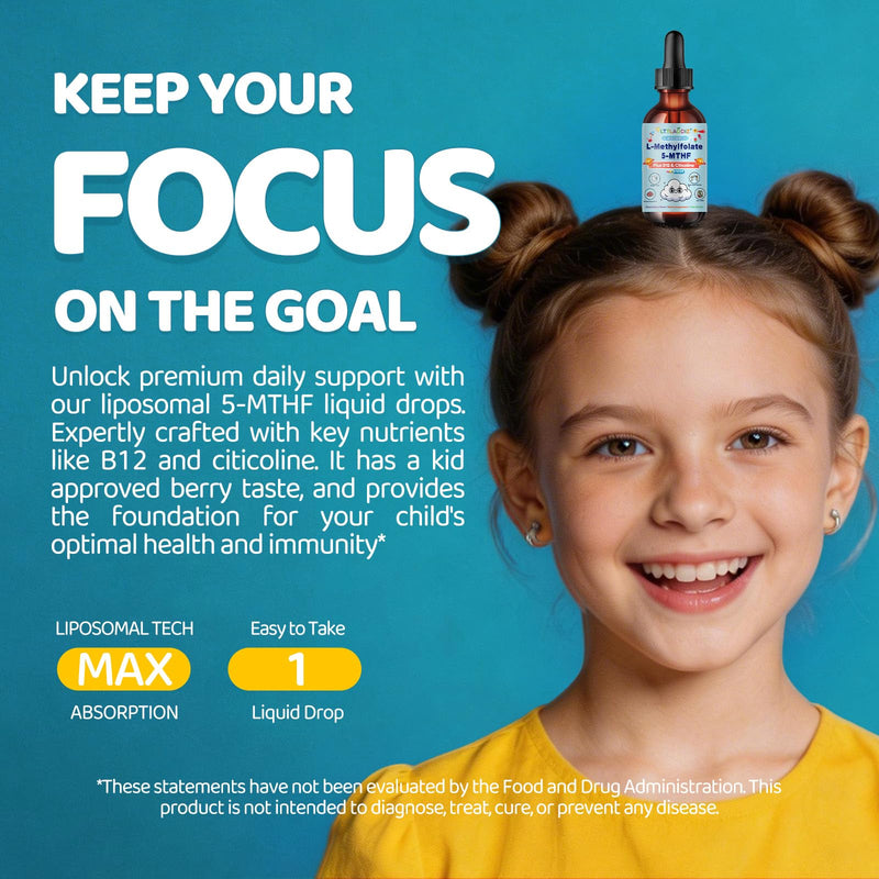 Folinic Acid Drops Kids 4+, L-Methylfolate Supplement, 5-MTHF, Brain, Focus | Liposomal Kids L-Methylfolate W/Citicoline & Methyl B12, Energy, Clarity & Cognitive Development, Sugar-Free – 2 fl oz