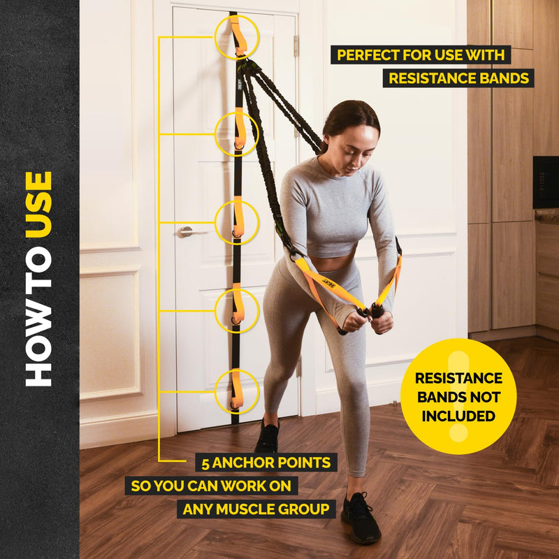 Tribe Lifting Adjustable Resistance Band Anchor - Door Anchor with 5 Loops & Metal Rings, Durable Nylon Strap for Full-Body Workouts Yellow Door Strap - BeesActive Australia