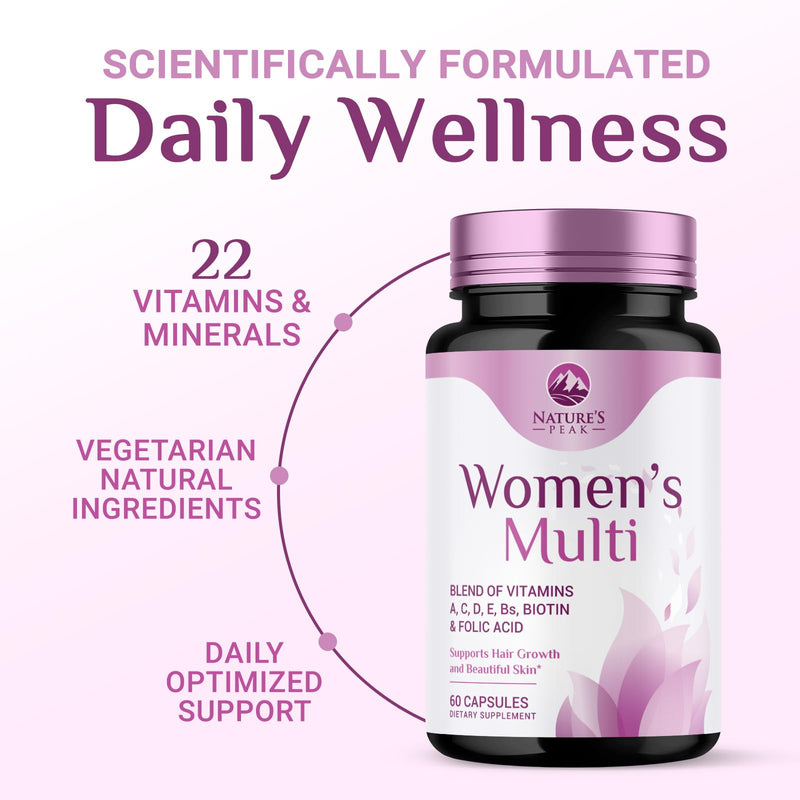 Multivitamin for Women - Once Daily Vitamins for Woman with Biotin, Calcium, Folate, Vitamin A, C, D, E, B Vitamins & Iron - Complete Multi Vitamins for Bone, Energy & Immune Support - 60 Capsules 60 Count (Pack of 1)