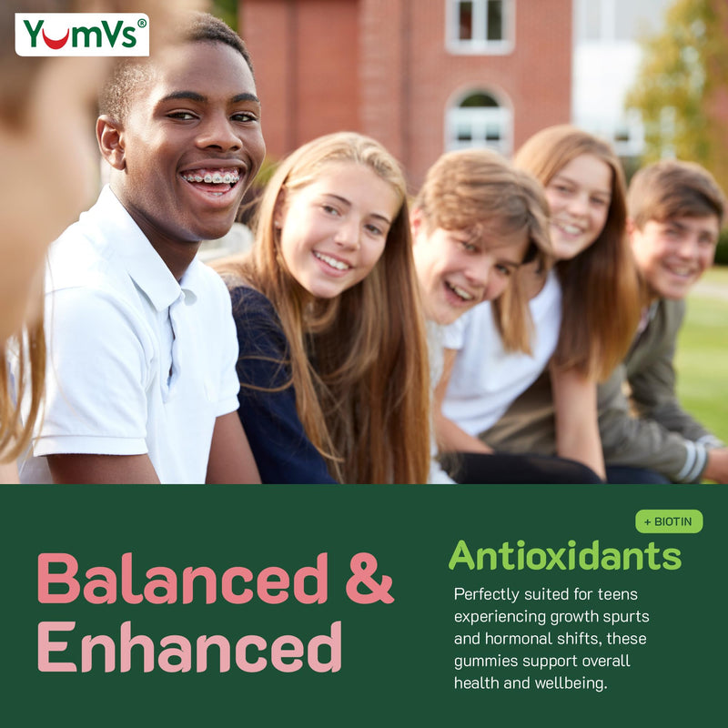 YUM-V'S Teen Multivitamin Gummies with Biotin & Antioxidants – Raspberry Flavor – Hair, Skin & Nails Support – Kosher Gummy Vitamins for Teen Boys & Girls Ages 12–17 – 60 Count 60 Count (Pack of 1)