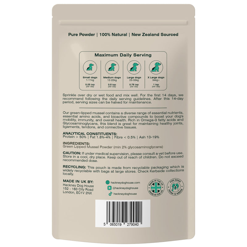Green Lipped Mussel Powder For Dogs (100 g) | Hip & Joint Care Supplement | 80 Daily Servings | Hackney Dog House