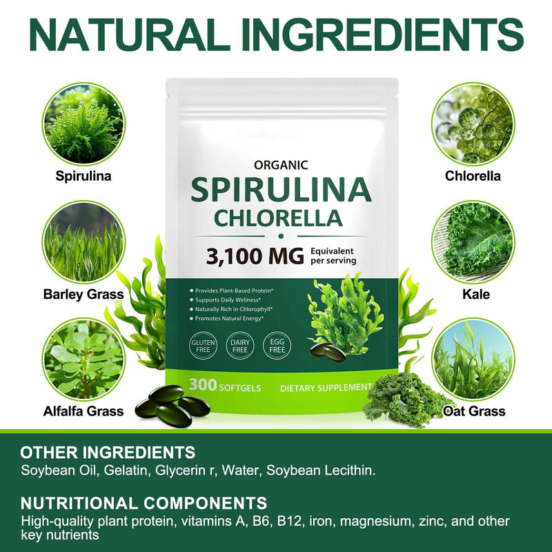 Tiuedu Spirulina Chlorella Softgels 300 Capsules, 17 in 1 Green Nutrient Blend Spirulina Chlorella Softgels,Rich in Plant Protein, Vitamins, Chlorophyll, Easy to Take Softgel