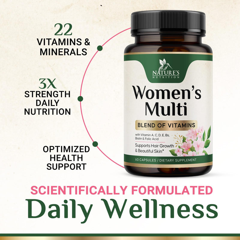 Multivitamin for Women - Complete Multi Vitamin with Vitamins A, C, D, E, B6, B12, Zinc, Calcium & Magnesium, Womens Daily Multimineral Supplement for Hair Skin and Nails Health Support - 60 Capsules 60 Count (Pack of 1)