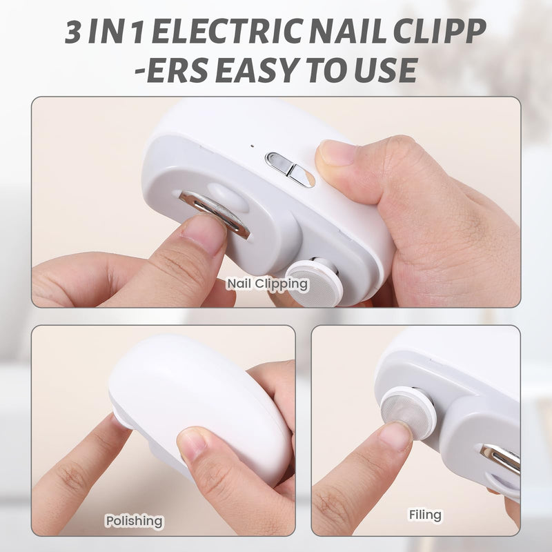 3 in 1 Electric Nail Clipper for Seniors, Baby Nail Trimmer Electric Automatic Trimmer, Safe Electric Toenail Clippers Nail File Tools for Adult, Manicure Kit Grinder with Polishing(White) White