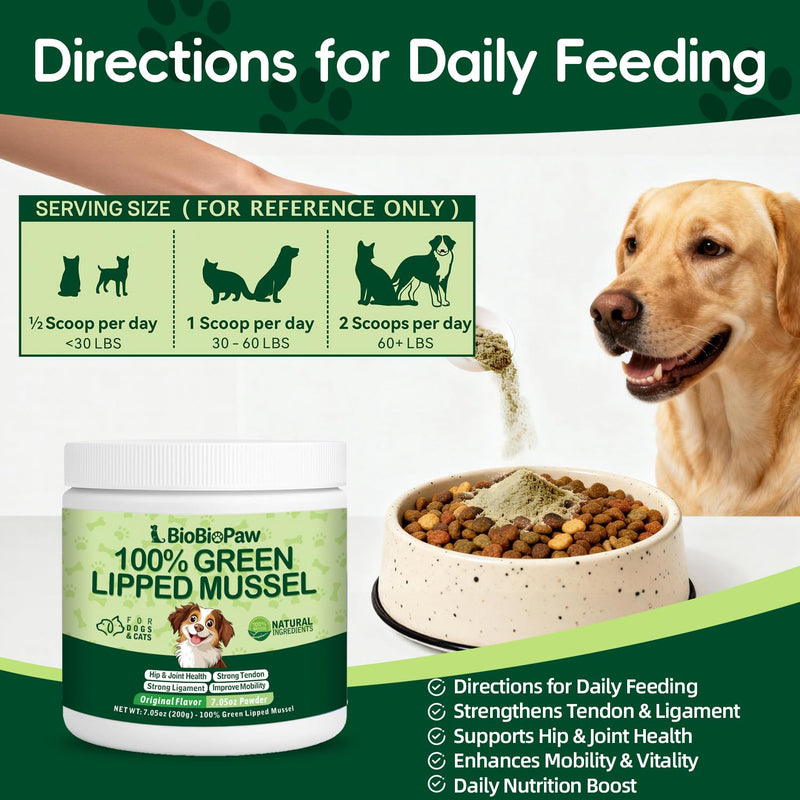 Pure Green Lipped Mussel Powder for Dogs & Cats 100% New Zealand Sourced Supports Hip & Joint Flexibility, Mobility, Tendons & Muscle Strength 200 Grams Made in USA