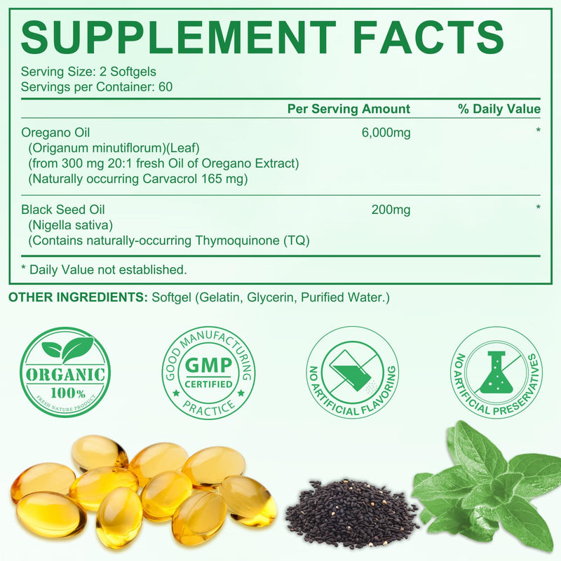 120PCS Oil of Oregano with Black Seed Oil Boosts Immune Oregano Oil Capsules Organic, Chlorophyll, Fast Absorption, GMP Certified 120 Count (Pack of 1)