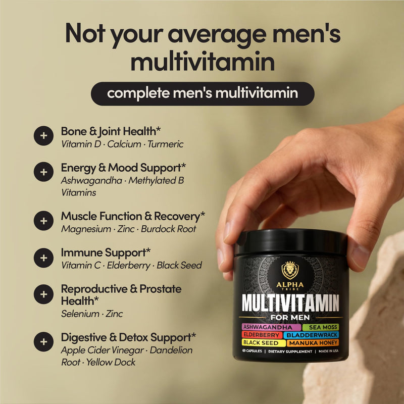 Alpha Tribe Multivitamin for Men with Seamoss Black Seed Oil Ashwagandha Burdock Root, Turmeric Bladderwrack, Vitamin C, Elderberry, Manuka, Yellow Dock | Daily Men's Vitamins and Minerals Supplement 60 Count (Pack of 1)