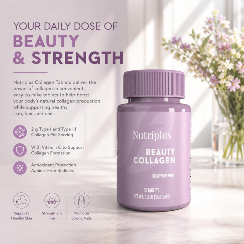 FARMASi Nutriplus Beauty Collagen Tablets, Non GMO, Gluten Free,1.3oz | Type I and Type III Hydrolyzed Collagen with Vitamin C, 2000 mg Collagen Per Serving, Unflavored, Daily Use, 30 Tablets