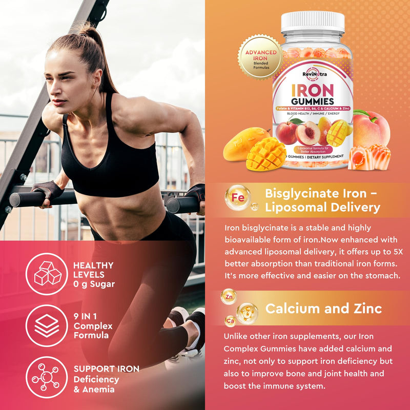 Iron Supplement Gummies for Adults & Kids - with Calcium, Zinc, Folate & Multivitamin - Blood Builder & Energy Support & Immune Health for Iron Deficiency, Anemia, Vegan -Peach & Mango Flavor,120ct Peach & Mango 60 Count (Pack of 2)