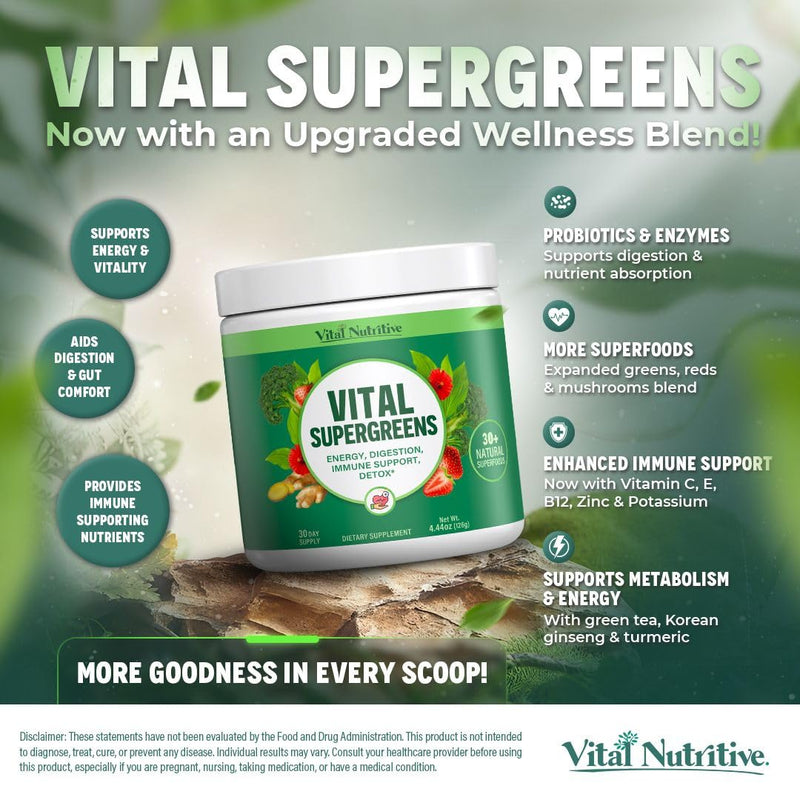 Vital Greens Superfood Powder, 30+ Ingredients ‚Äì Daily Green Drink Powder w/Probiotics & Superfoods ‚Äì Supergreens for Energy, Gut Health, Digestion Support, Plant-Based, Vegan Superfoods