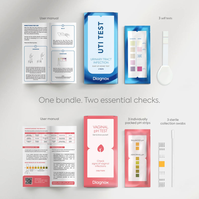 Diagnox UTI Test & Vaginal pH Test Bundle – Clinical Grade Accuracy – 3 UTI Test Strips & 3 Vaginal pH Test Strips for Women – UTI, BV, pH Balance and Yeast Infection Test Kit 6 Pack