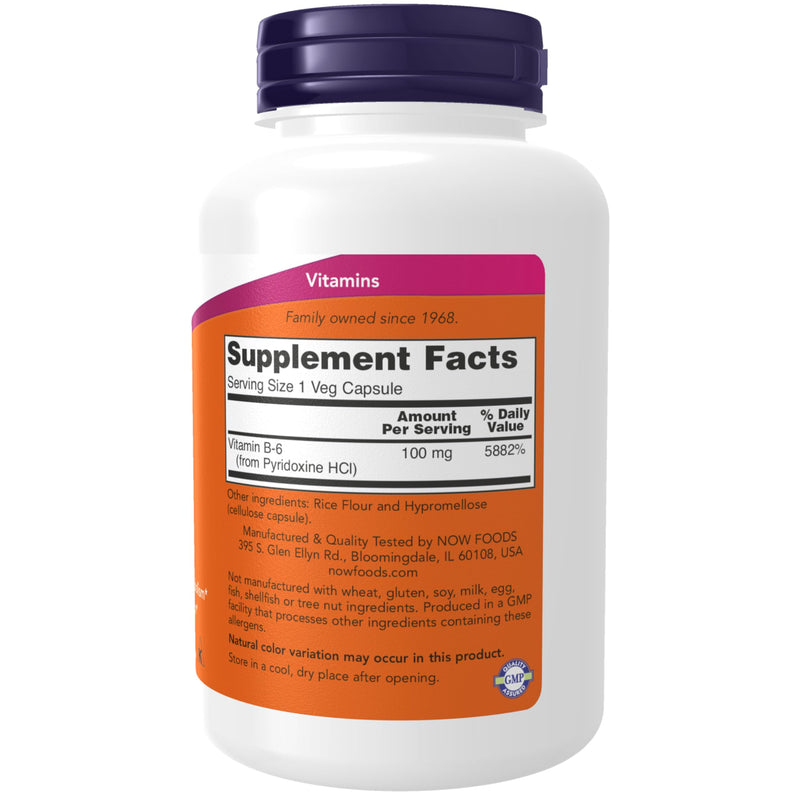 NOW Foods Supplements, Vitamin B-6 (Pyridoxine HCl) 100 mg, Cardiovascular Health, 250 Veg Capsules, (Pack of 2) 250 Count (Pack of 2)