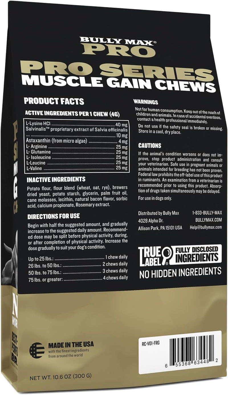 Bully Max 11-in-1 Muscle Gain Power Chews - High Protein Dog Supplement with Amino Acids - Healthy Treats for Puppy & Adult Dogs - Premium Muscle Builder for All Breeds - 75 Tasty Soft Dog Chews - BeesActive Australia