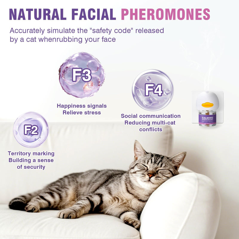 Cat Calming Pheromone Diffuser Refills 4 Pack Anxiety and Stress Calming for Cats Reduce Inappropriate Peeing and Spraying Fragrance Free for Bedroom Bathroom Reduces Conflict in Multi-Cat Households Purple