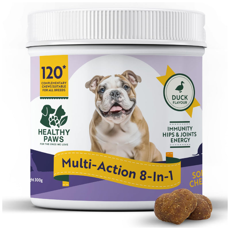 Healthy Paws 8-in-1 Dog Multivitamin Treats – Daily Supplement for Brain, Heart, Joints, Skin, Coat, Immunity, Digestion & Energy – Suitable for Small, Medium & Large Dogs
