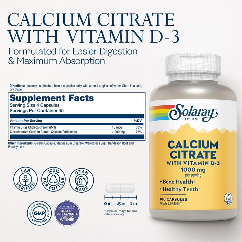 SOLARAY Calcium Citrate with Vitamin D3 1000 mg, 180 Capsules | Bone, Teeth, Muscle & Nerve Support, Calcium Citrate with Vitamin D3, 30 Servings, Lab Verified 180ct