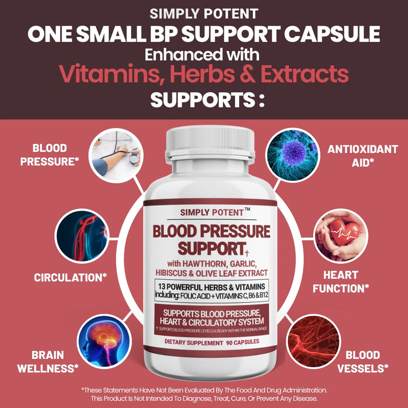 Blood Pressure Support Supplements - Healthy Heart, Cholesterol, Cardio, Hypertension, High BP - 13 Vitamins & Herbs - Folic Acid, Vitamins C B6 & B12, Hawthorn Olive Leaf Garlic Hibiscus, 90 Capsule