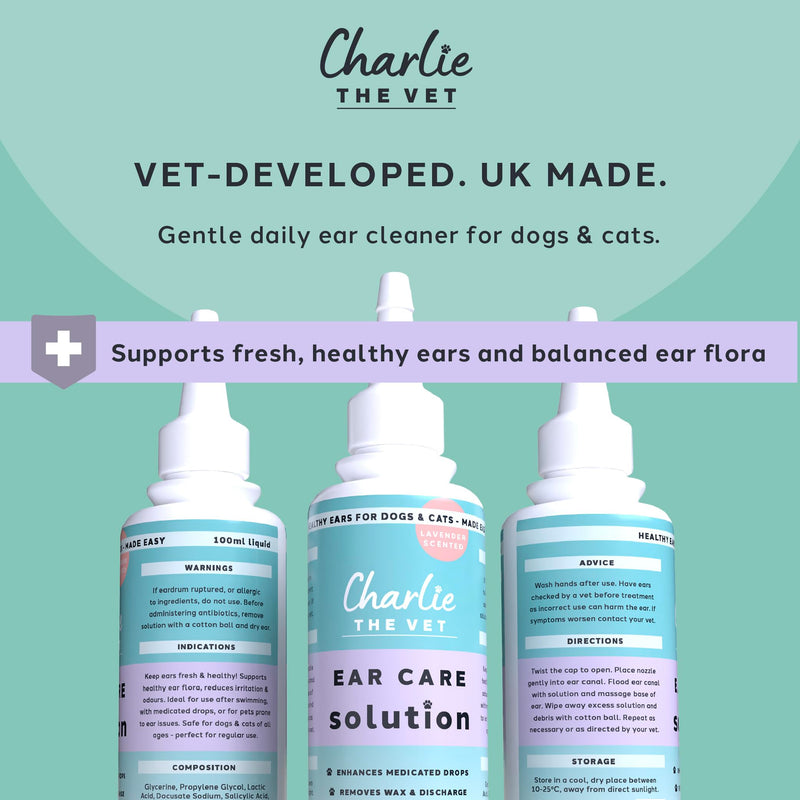 CharlieTheVet Lavender Ear Cleaner for Dogs & Cats, Daily Use, Gentle Cleansing Solution with Salicylic Acid, Removes Wax & Discharge, Maintains Healthy Ears, Vet Developed