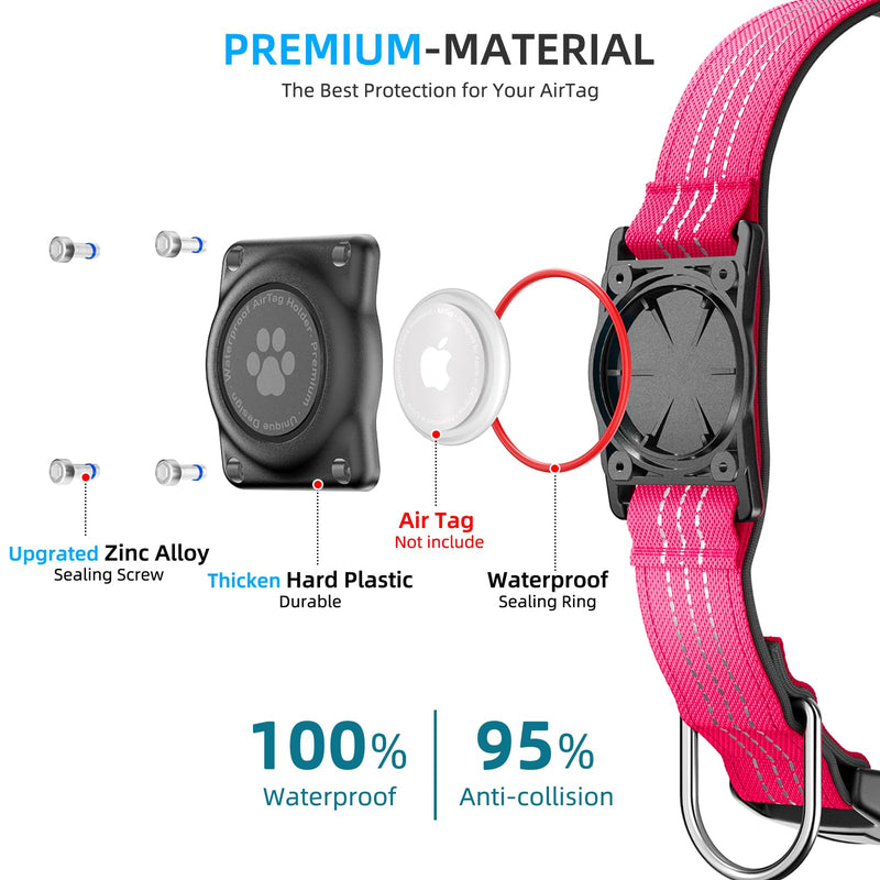 Upgraded AirTag Dog Collar, IP68 Waterproof Air Tag Dog Collar Holder, Reflective, Ultra-Durable, Comfortable Padded, Heavy Duty Dog Collars for Small Medium Large Dogs (L (14.8"-20.3"), Hotpink) L (14.8"-20.3") - BeesActive Australia