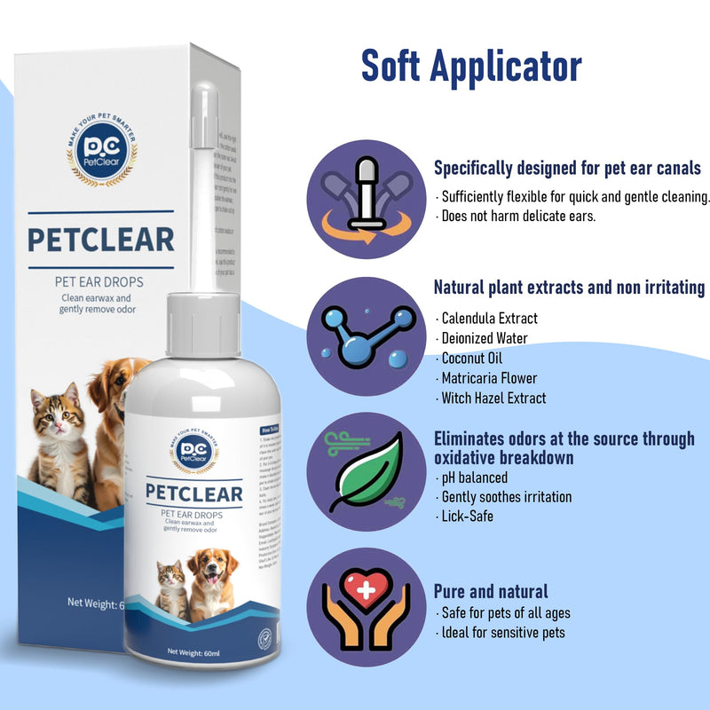 PCpetclear Ear Cleaner for Dogs & Cats 60ml, Stop Ear Inflammation and Itching, Dog Earwax, Dirt, Odor Remover - BeesActive Australia