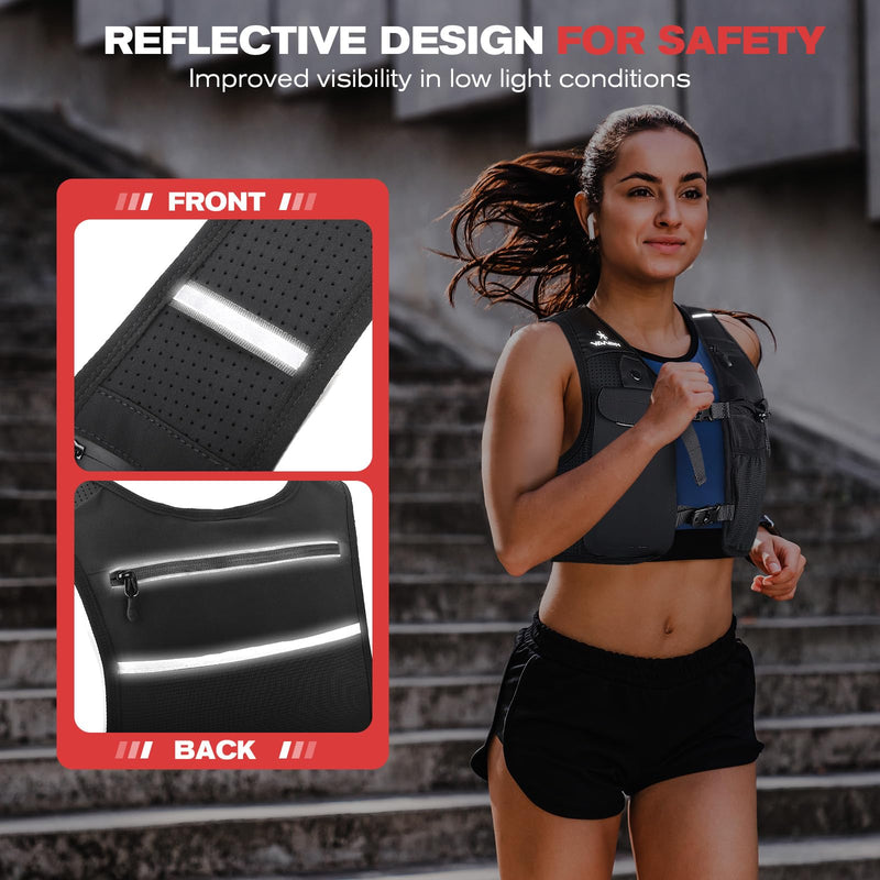 Running Vest for Women Men, Lightweight Breathable Hydration Vest with 500ml Soft Flask, Adjustable Reflective Running Vest with Pockets for Trail Running Hiking Medium-Black