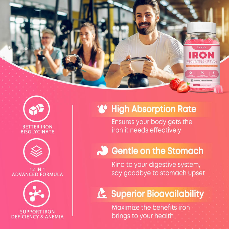 Vegan 2 Pack Iron Supplement Gummies for Women & Men, Anemia, Blood Builder & Energy Support for Iron Deficiency, with Vitamin C, A, B Complex, Folate, CoQ10, Sugar Free, Non-GMO, 120 Count 45MG Iron Strawberry Flavor 60 Count (Pack of 2)