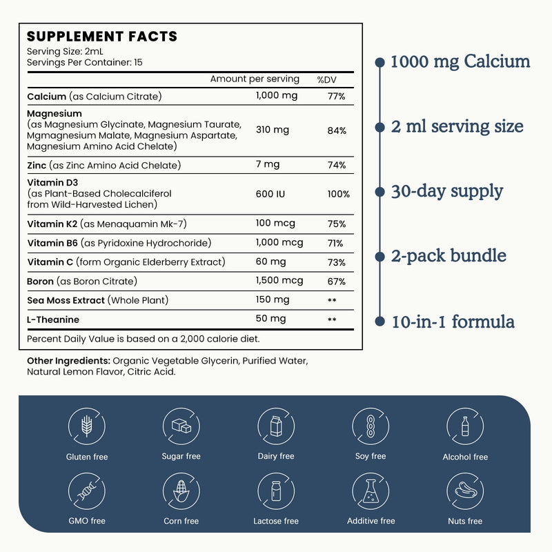 (2 Pack) 10 in 1 Magnesium Calcium Zinc Supplement with Vitamin C D3 K2, Glycinate Mag Vegan Liquid Drops Plus L-Theanine Boron Sea Moss Extract, Immune Support, Bone, Sleep & Leg Cramps, 1 Fl Oz Lemon 1 Fl Oz (Pack of 2) - BeesActive Australia