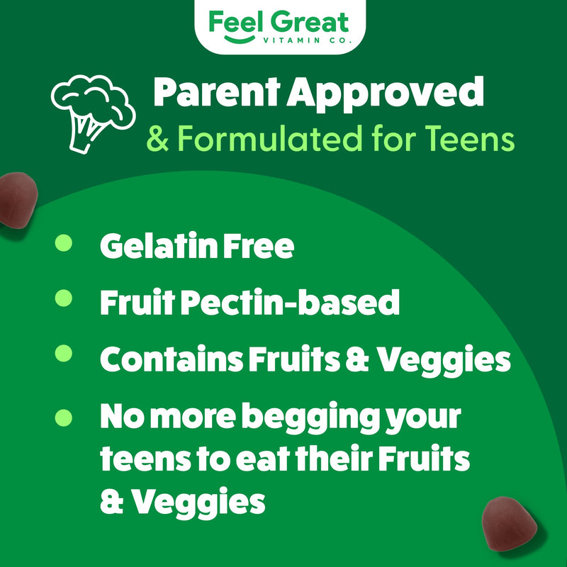 Feel Great Super Green Gummies Teen Vitamins | Vegan Veggie Gummy Multivitamin for Teens | Fruit and Vegetable Supplement | Veggie Fiber Supplement | 60 Count