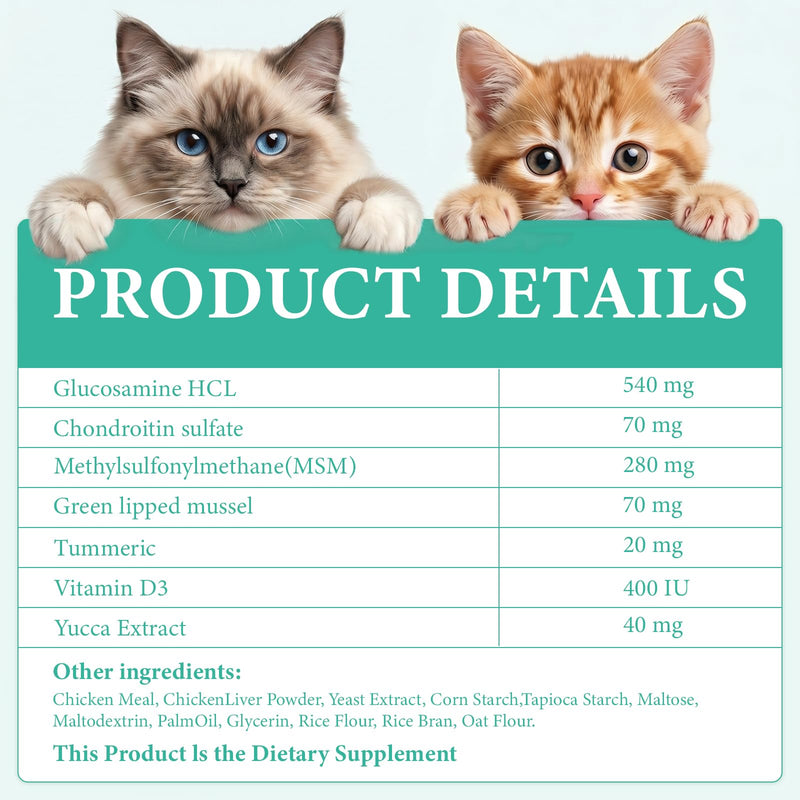Glucosamine for Cats, Pet vitamins and supplements with Chondroitin, MSM & Green-Lipped Mussel, Support Cartilage Health, Hip & Joint, Mobility & Flexibility for kittens, adult and senior cat