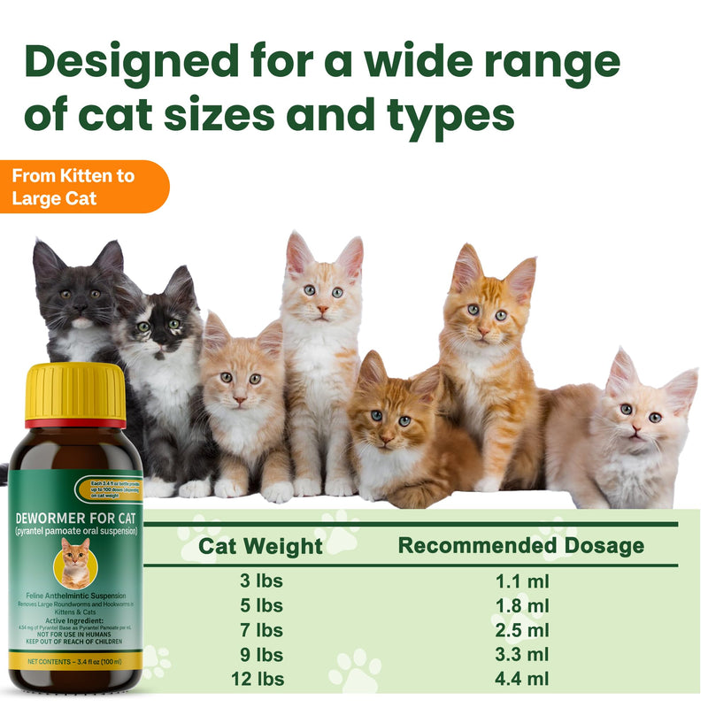 Cat & Kitten Dewormer for All Wormers, Pyrantel Pamoate, Roundworms & Hookworms, Liquid, 100ml