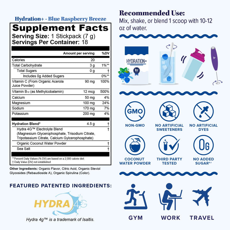 Hydration Electrolyte Powder Packets Blend Magnesium Calcium Sodium Potassium | Coconut Water + Vitamin C & B12 | Sugar-Free, Vegan, Non-GMO, Energy & Immune Support, 18 Servings Blue Raspberry Flavor