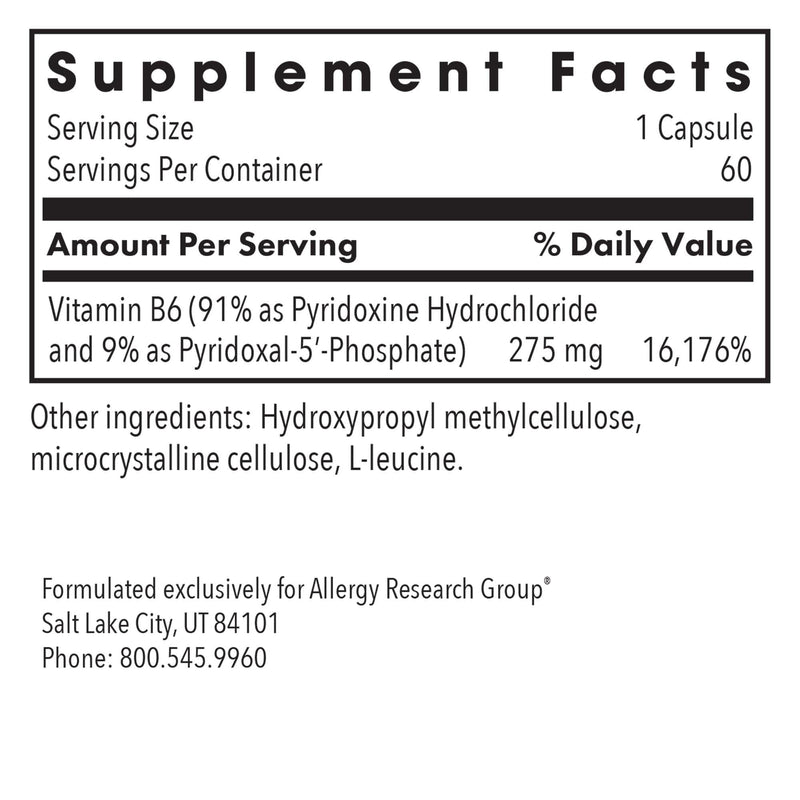 ARG Pyridoxine P5P Active Vitamin B6 Formula, 60 Capsules | Pyridoxal-5-Phosphate Active Vitamin B6 for Amino Acid and Lipid Metabolism Support, Hypoallergenic Formula