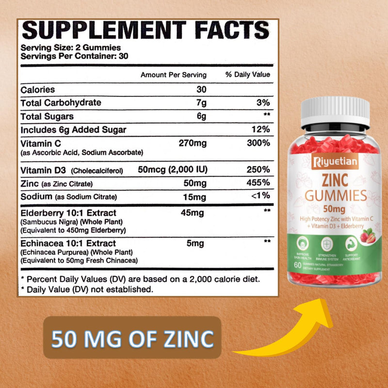 Zinc Gummies 50mg - Vitamin C, D3 & Elderberry, Echinacea, Zinc Immune Health Gummies, Non-GMO, Natural Antioxidant Supplements for Men & Women, Vegan 2 Pack 2pack