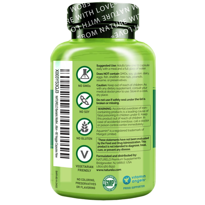 NATURELO Bariatric Multivitamin with Iron, 60 Veggie Capsules | One daily, for post gastric bypass surgery patients and bariatric surgery patients, natural whole food nutrition Unflavored 60 Count (Pack of 1)