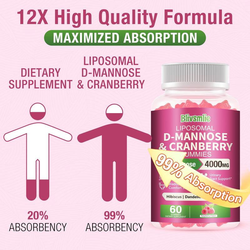2 Pack Liposomal D-Mannose Gummies 4000mg Complex Cranberry Supplement 1500mg & Hibiscus,High-Potency Formula for Women Urinary Tract, Immune Support,Liver & Bladder Flush Cleanse Wellness Supplement 1