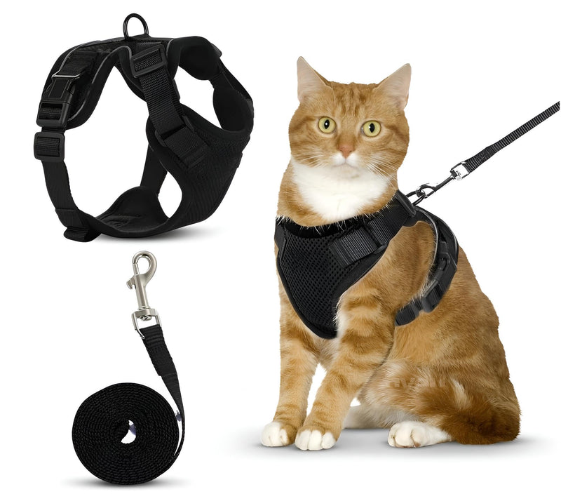 Adjustable Cat Leash + Harness - Soft, Safe and Breathable Material for Cats, Black (XS)