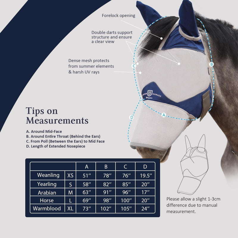 Harrison Howard Full Face Horse Fly Mask UV Protection and Breathable Mask for Equine Use Comfortable Fly Mask for Horses Navy L - BeesActive Australia