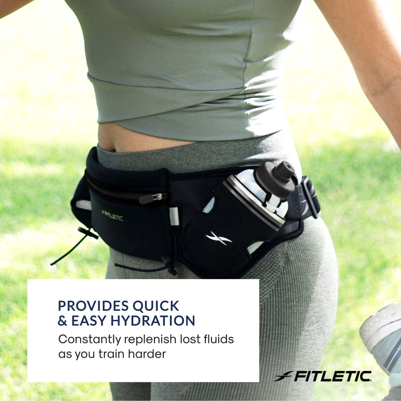 Fitletic Hydration Running Belt with Water Bottles for Men & Women – 2 Quick Flow 8oz Running Water Bottles, Patented Bounce Free Design, Water Resistant Pouch Fits All Phones – Hydra 16 L/XL (35"-42") Black - BeesActive Australia