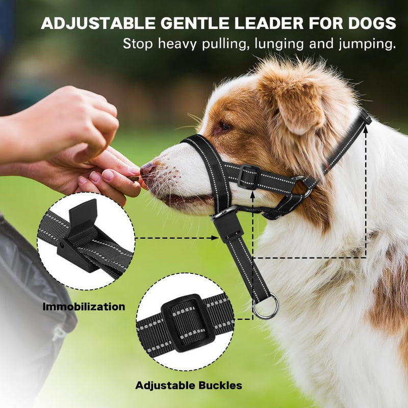 No-Pull Dog Headcollar - Reflective Head Halter Collar for Dogs, Padded Dog Head Collar to Stop Heavy Pulling, Anti-Pull Muzzle Leash (Black, Medium) Black - BeesActive Australia