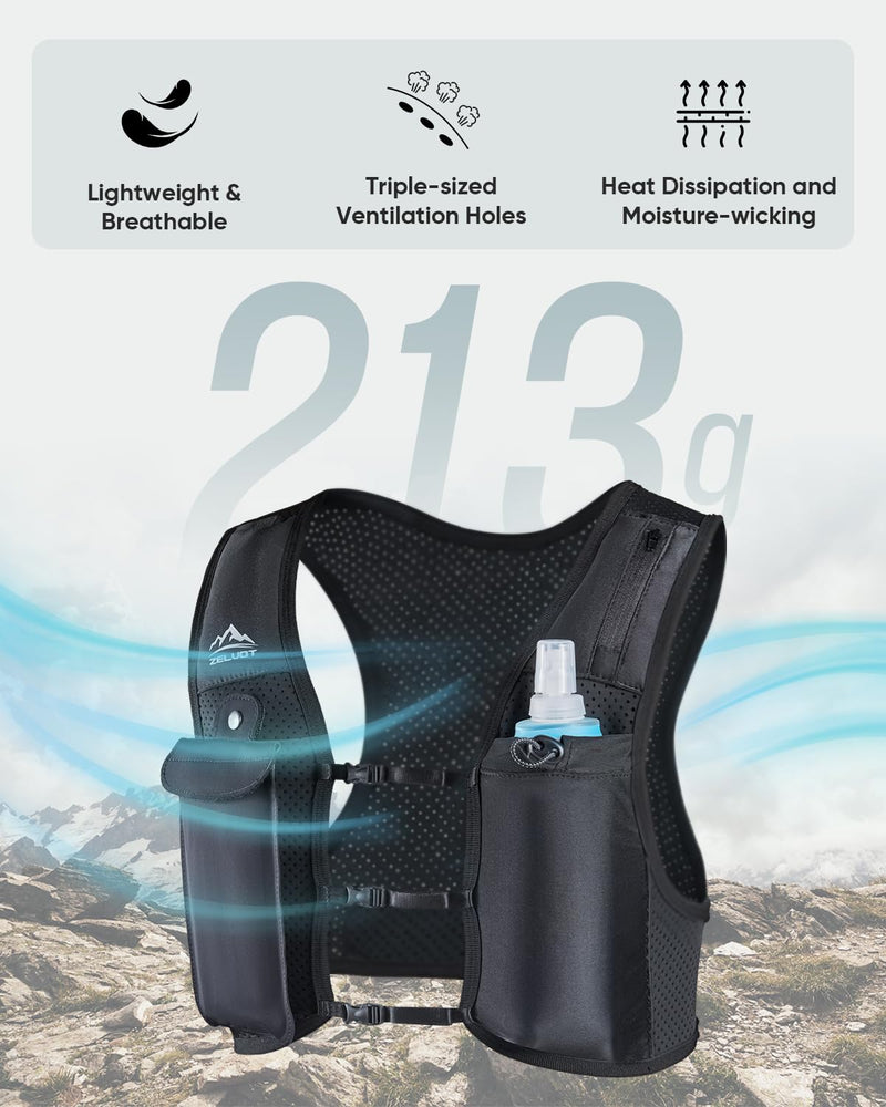Running Vest for Women Men, USA Original Patent, Adjustable Chest Straps Running Hydration Vest with 500ml Soft Flask, Lightweight Reflective Hydration Backpack for Marathon Medium-Large Black