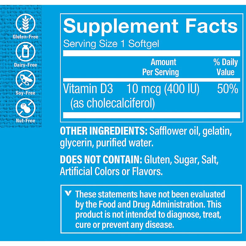 The Vitamin Shoppe Brand Vitamin D3 400IU Supplement, 200 Softgels | Bone, Immune, and Cellular Health Support for Men and Women, Gluten Free, Dairy Free,