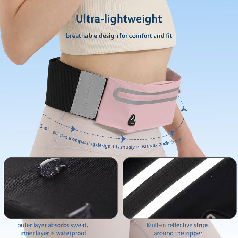 Slim Running Belt with 2 Pockets for Phone, Adjustable Waist Belt Bag for Women/Men,Ultra Light Adult Fanny Pack, Waist Pack for Running Hiking Yoga Travel Cycling, Pink