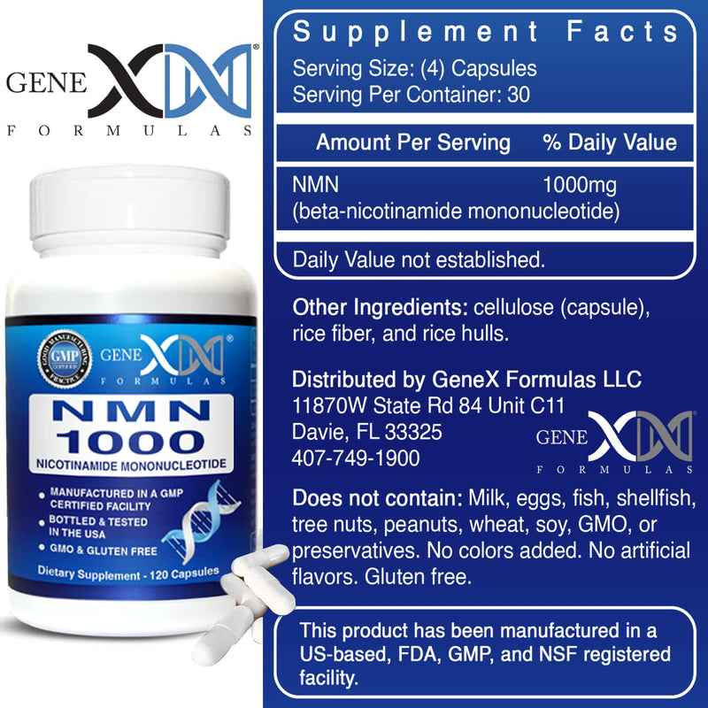 Genex Formulas NMN 1000mg Dose Stabilized Form 99% Pure Supplement 120 Caps | NMN Supplement for Cellular Energy, Increased NAD Levels, DNA Repair, and Healthy Aging, GMP Certified, 30 Day Supply 120 Count (Pack of 1)
