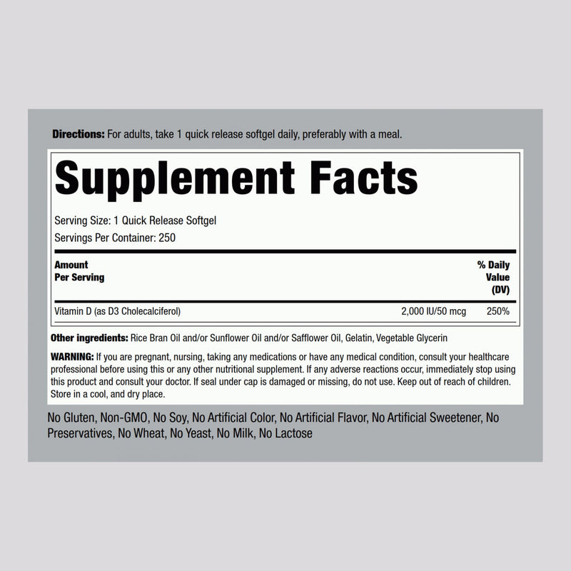 Piping Rock Vitamin D3 2000 IU | 250 Softgels | High Potency | Cholecalciferol Supplement | Non-GMO, Gluten Free 250 Count (Pack of 1)