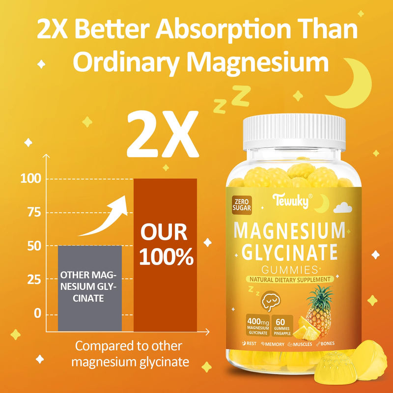 Magnesium Glycinate Gummies 400mg - Sugar Free Vegan Gummies for Adults & Kids with Vitamin D3, B6, C, CoQ10, Collagen, Zinc - Sleep, Muscle, Bone & Memory Support - 60 Pineapple Chewables 60 Count (Pack of 1)