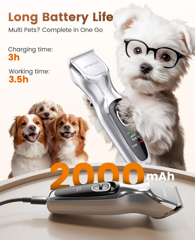 oneisall Dog Clippers for Grooming Thick Hair, Cordless Dog Shavers with Detachable Metal Blades for Home Groomer,Silver