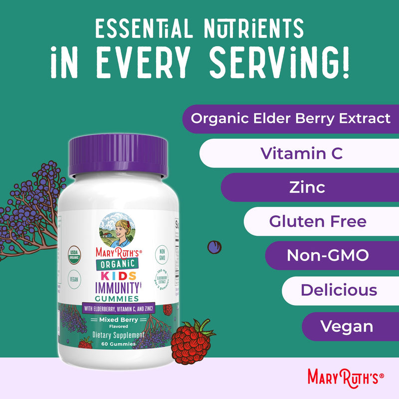 MARYRUTH'S Organic Kids Immune Support Gummies with Elderberry, 60 Count | USDA Organic, Vitamin C, Zinc, and Elderberry, Ages 4+, Vegan, Non-GMO, Gluten Free, 60 Count