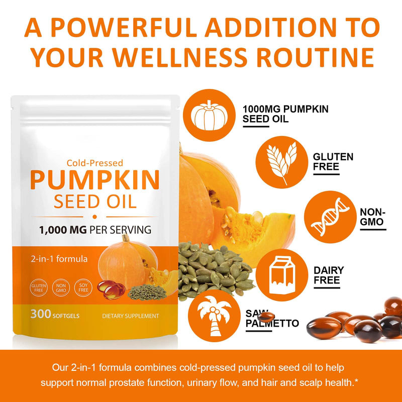 Pumpkin Seed Oil Capsules, Cold Pressed Pure Virgin Pumpkin Seed Oil Softgels Essential Omega-3/6, Fatty Acids, Phytosterols, Vitamin E, Supports Hair Health, Prostate Function - 300 Softgels - BeesActive Australia